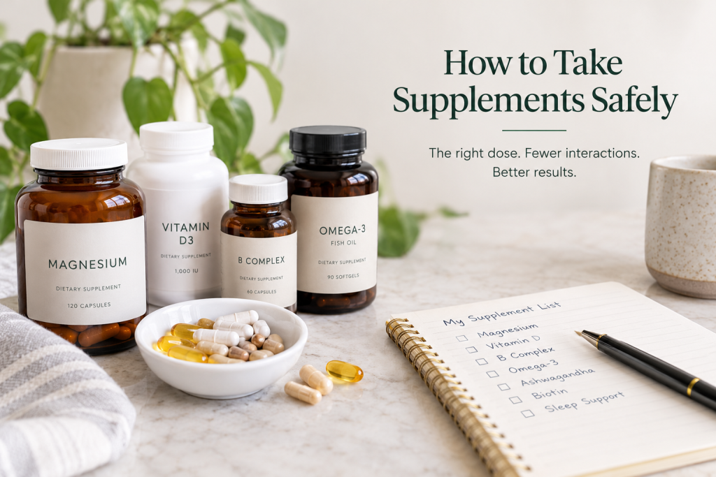 Supplement bottles, capsules, and a checklist for taking supplements safely.